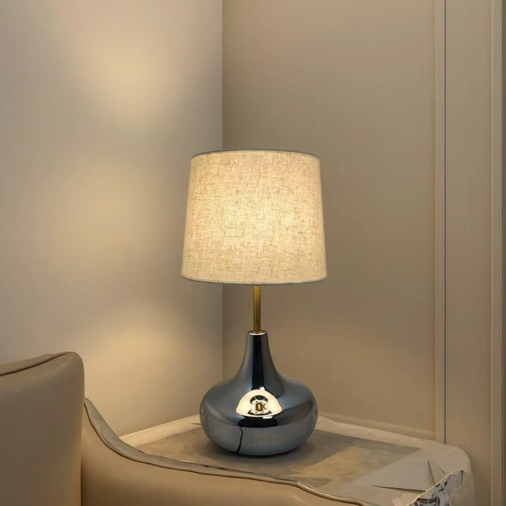 Modern Elegance: Chrome - Glass Base Table Lamp with Linen Shade