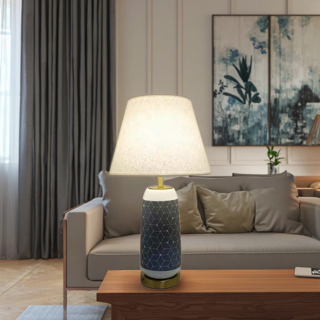 Geometric Pattern Ceramic Table Lamp: A Fusion of Cloth Shade, Metal Base, and Artistic Design Keywords