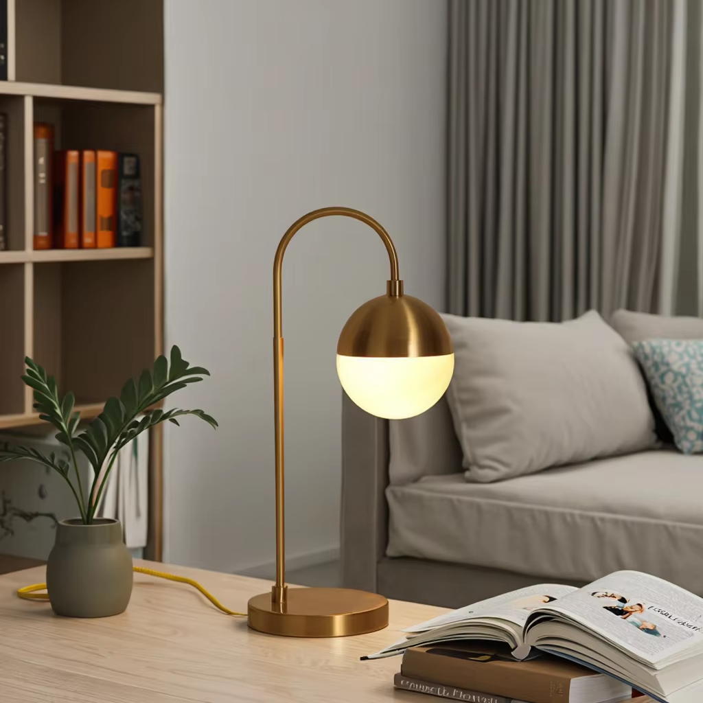 Gold Metal Arc Table Lamp with Milk - White Glass Shade（E14/E12 Base）