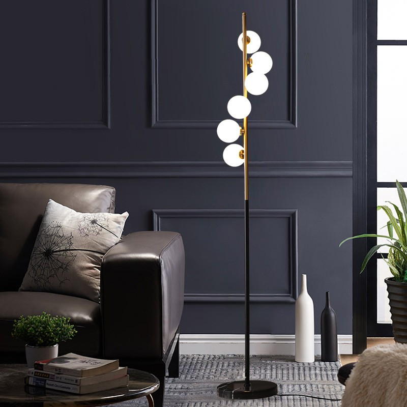 Modern Multi - Globe Floor Lamp | Metal & Marble Base, 6 G4 Sockets, Foot Switch