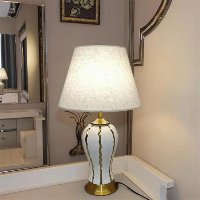 Elegant White Ceramic Table Lamp with Gold Accents & Linen Shade