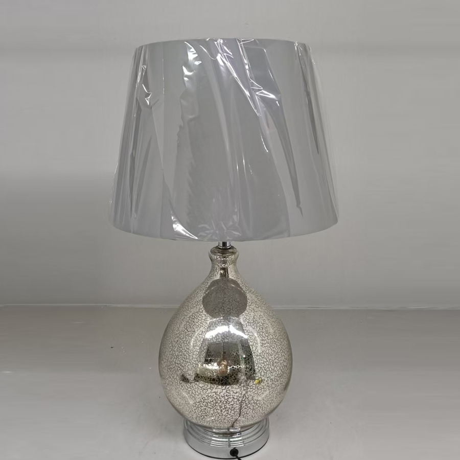 Muted - Luxury Silver Glass Table Lamp: Chrome Base, Gray Linen Shade & E26 Versatility