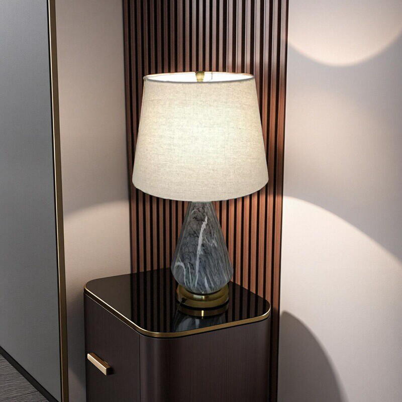 Marble - Textured Ceramic Table Lamp | Linen Shade, Brass - Tone Base, E27 Socket