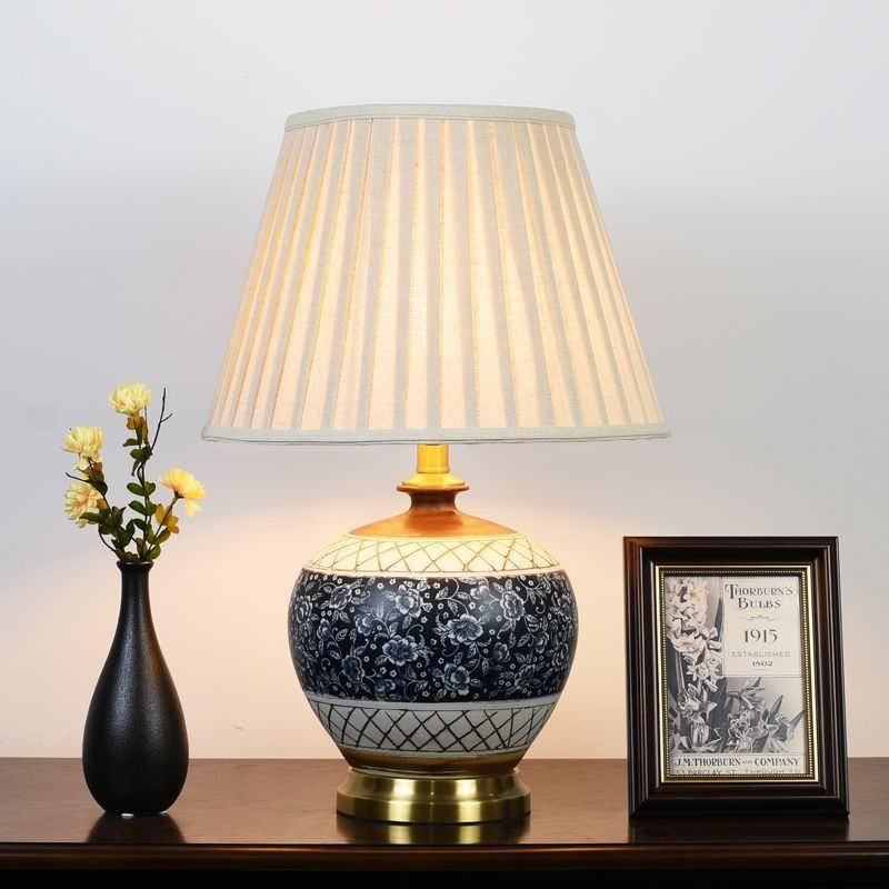 Retro Ceramic Table Lamp with Handmade Linen Shade