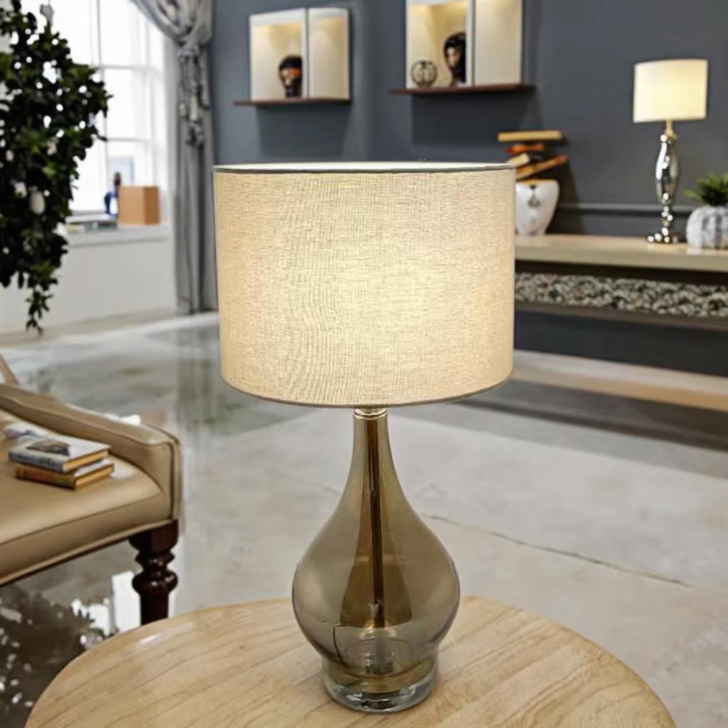 Elegant Amber Glass Table Lamp with Clear Crystal Base and Linen Shade