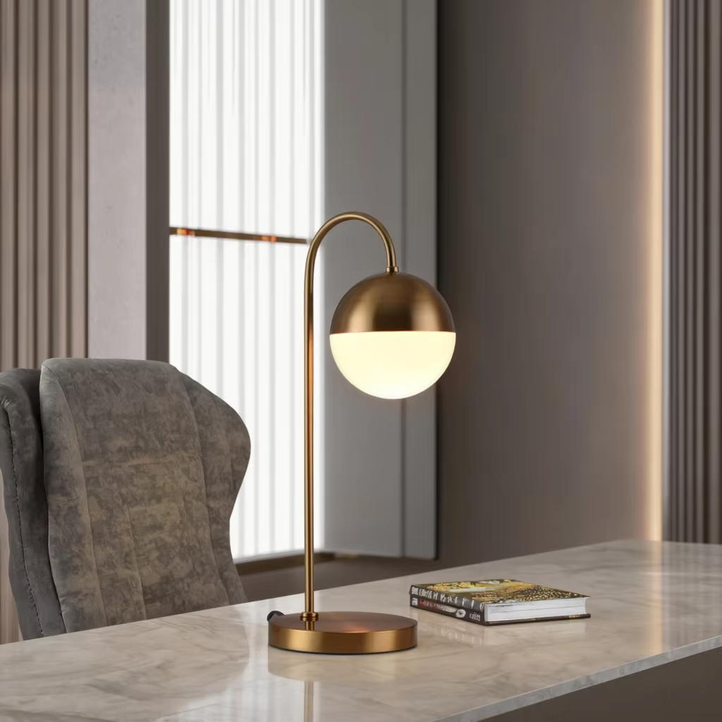 Gold Metal Arc Table Lamp with Milk - White Glass Shade（E14/E12 Base）