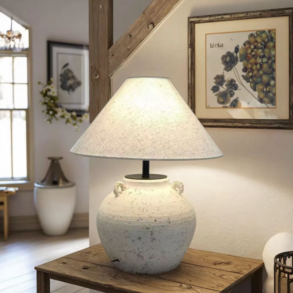 Rustic - Style Wabi - Sab Ceramic Table Lamp with Linen Shade