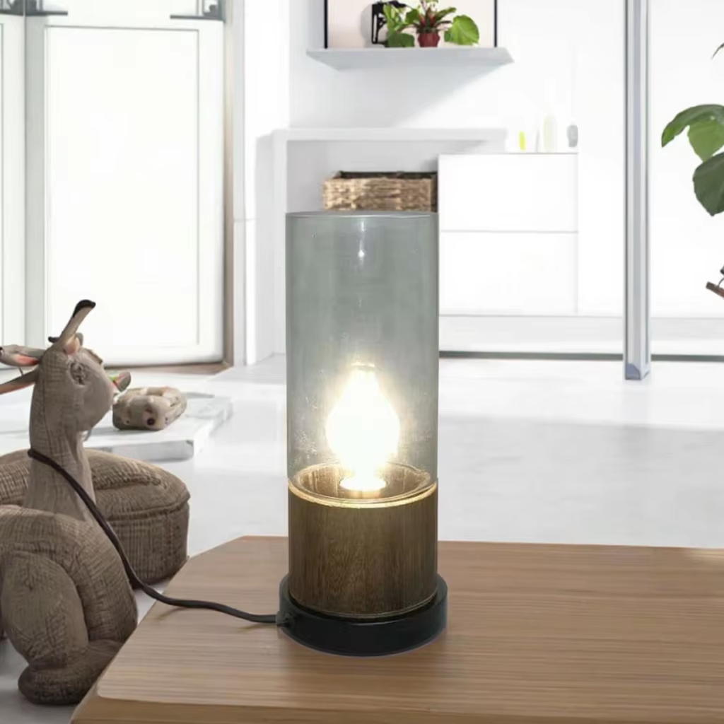 Modern Rustic Fusion: Glass, Wood, and Metal Table Lamp