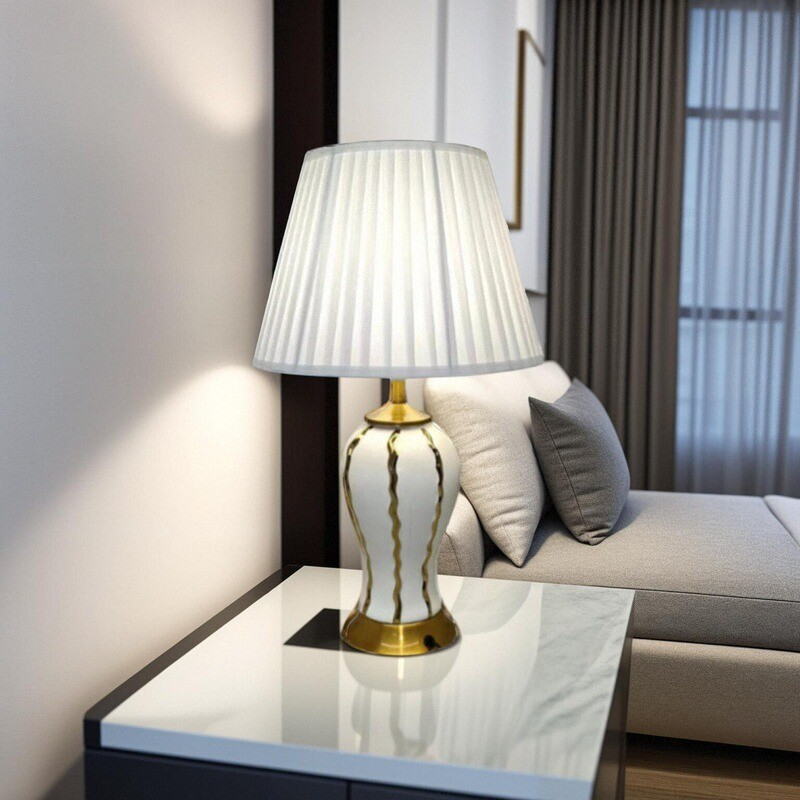 Elegant White Ceramic Table Lamp with Gold Accents & Linen Shade