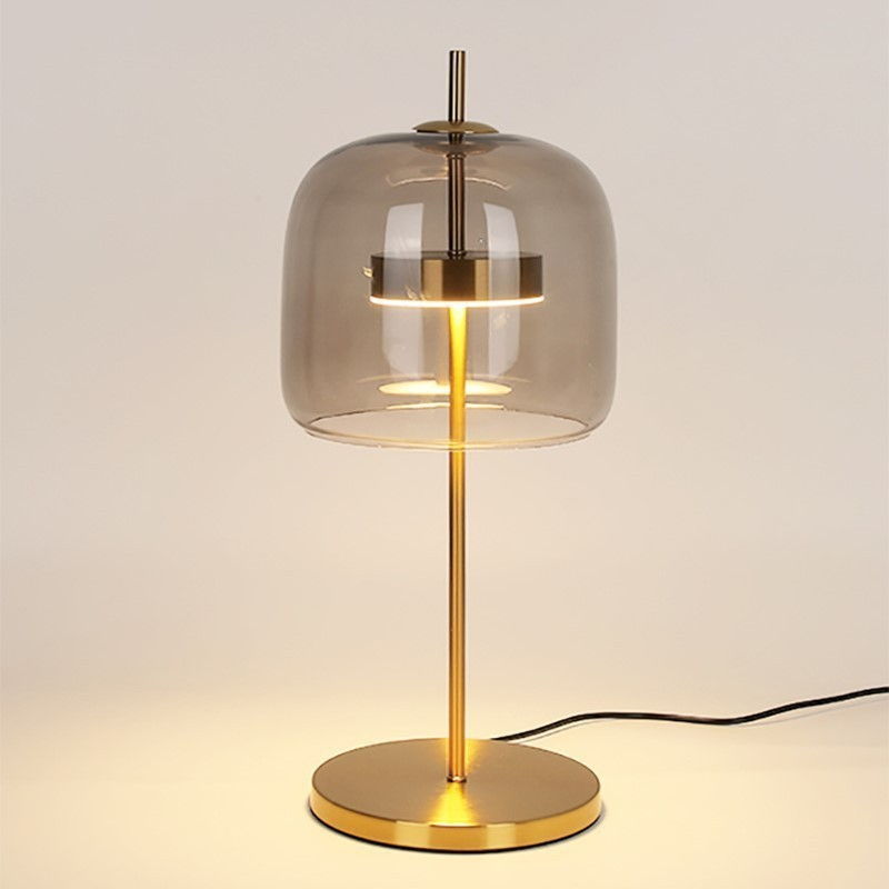 Elegant Modern Table Lamp: Amber/Smoke Gray Glass Shade, Gold Metal Body