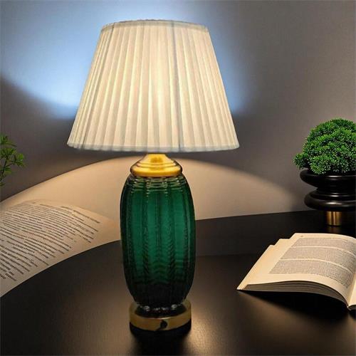 Vintage Green Glass Table Lamp with Pleated Cloth Shade