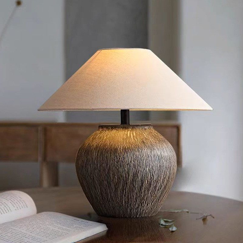 Textured Ceramic Base Table Lamp with Linen Shade (E27 Socket)