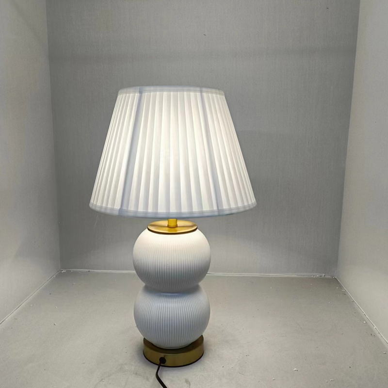 Elegant White Ceramic Table Lamp with Gold Metal Base & Fabric Shade