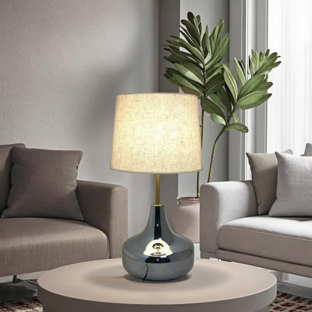 Modern Elegance: Chrome - Glass Base Table Lamp with Linen Shade