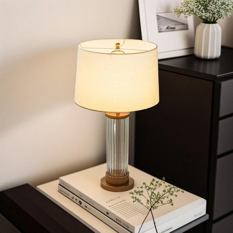 Modern Elegant Glass Rod Table Lamp with Beige Fabric Shade