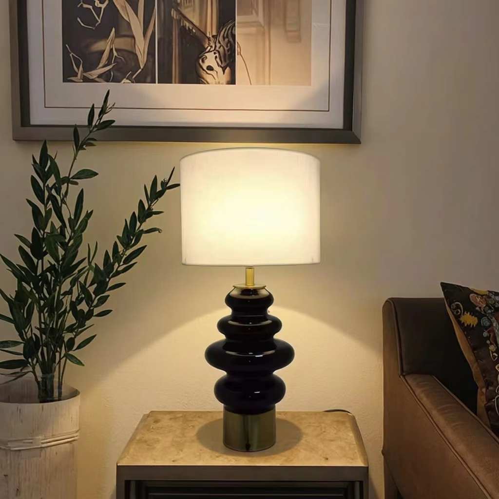 Black Glass and Gold Metal Elegance: White Linen Table Lamp for Sophisticated Spaces