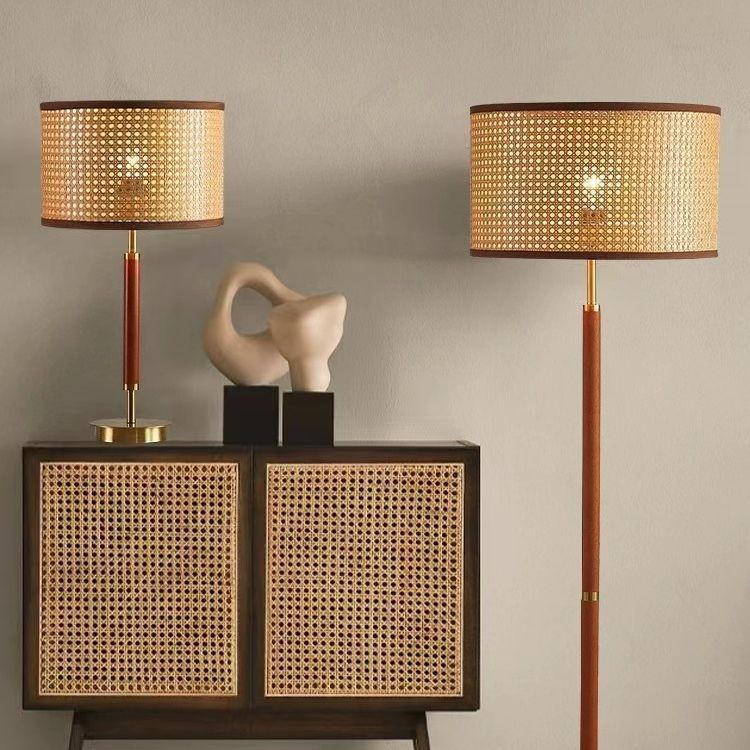 Rattan - Shade Table Lamp with Wooden & Metal Accents