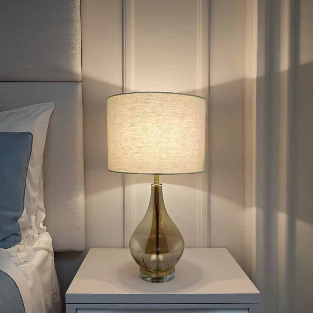 Elegant Amber Glass Table Lamp with Clear Crystal Base and Linen Shade