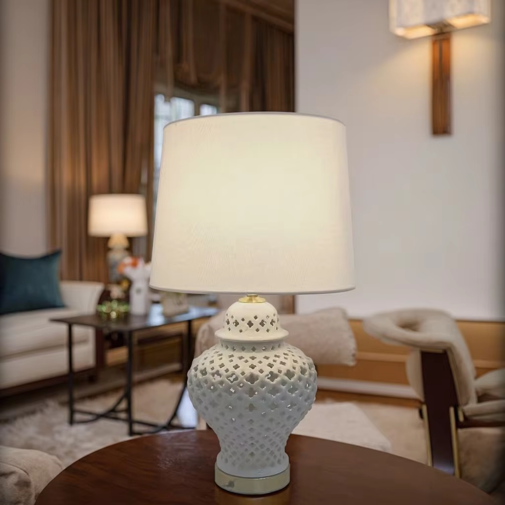 Elegant Ceramic Hollow Table Lamp with Linen Shade