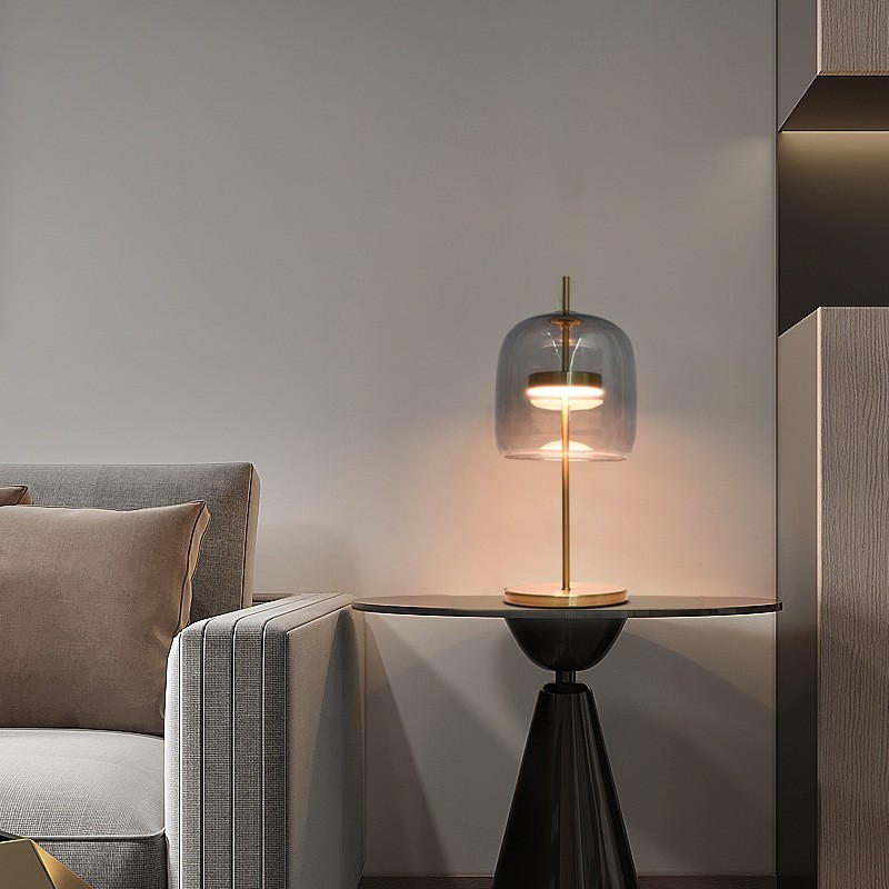 Elegant Modern Table Lamp: Amber/Smoke Gray Glass Shade, Gold Metal Body