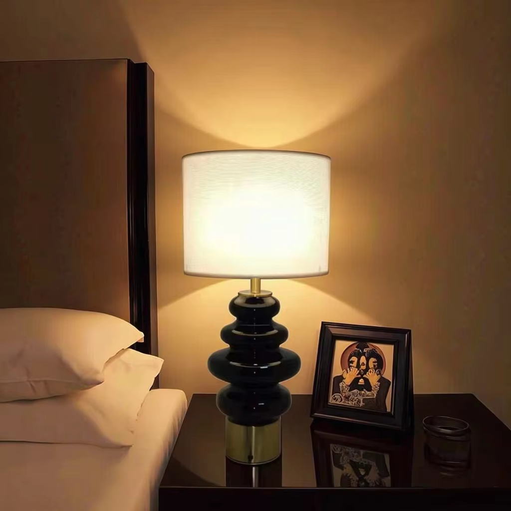Black Glass and Gold Metal Elegance: White Linen Table Lamp for Sophisticated Spaces