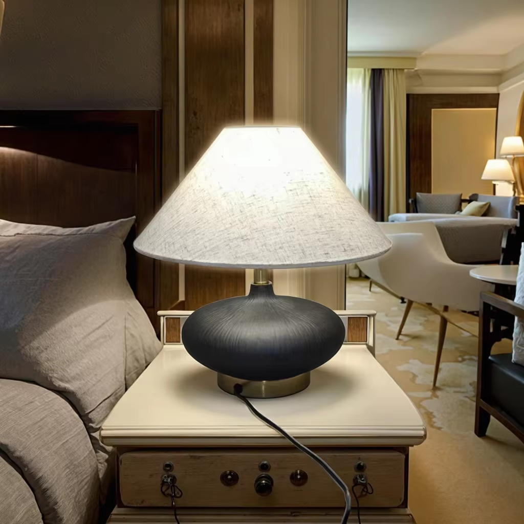 Modern Minimalist Ceramic Table Lamp with Linen Shade and Brass Accents