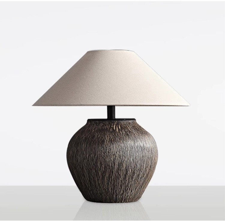 Textured Ceramic Base Table Lamp with Linen Shade (E27 Socket)