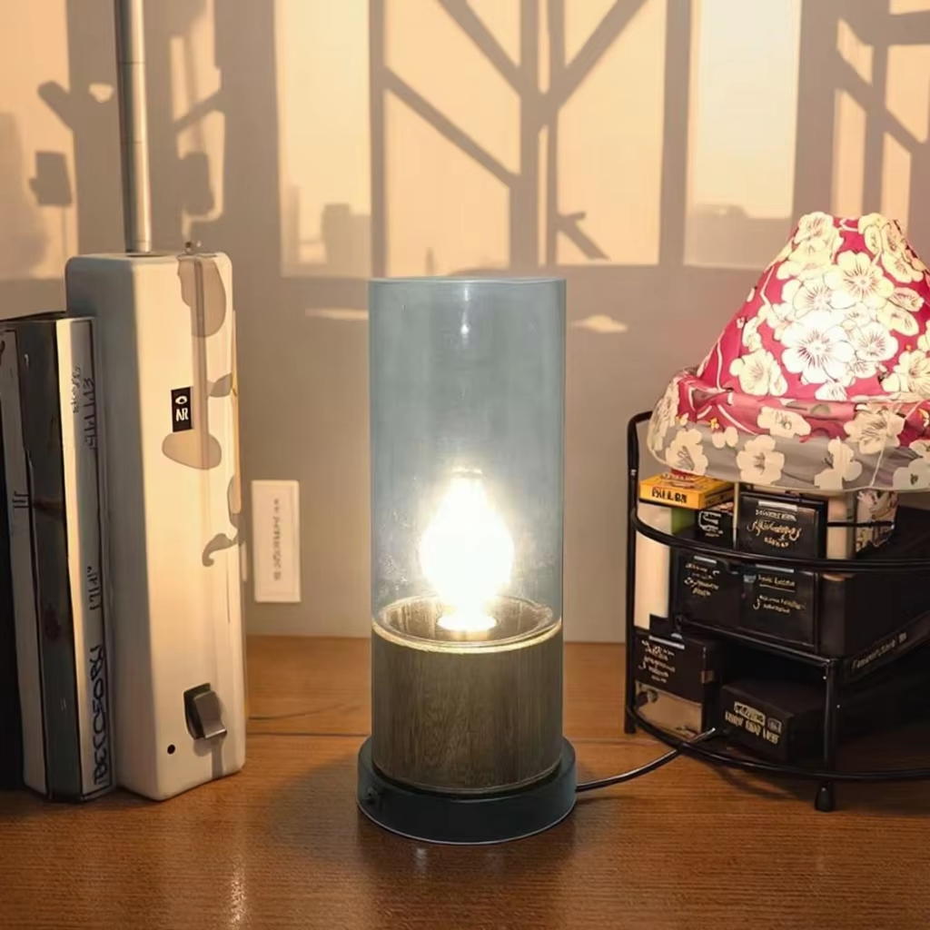 Modern Rustic Fusion: Glass, Wood, and Metal Table Lamp