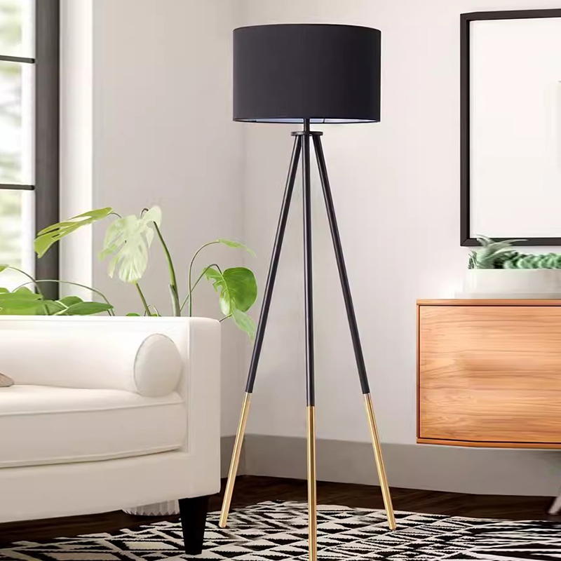 Modern Tripod Floor Lamp with Bamboo and Fabric Shades