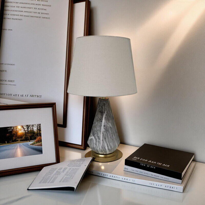 Marble - Textured Ceramic Table Lamp | Linen Shade, Brass - Tone Base, E27 Socket