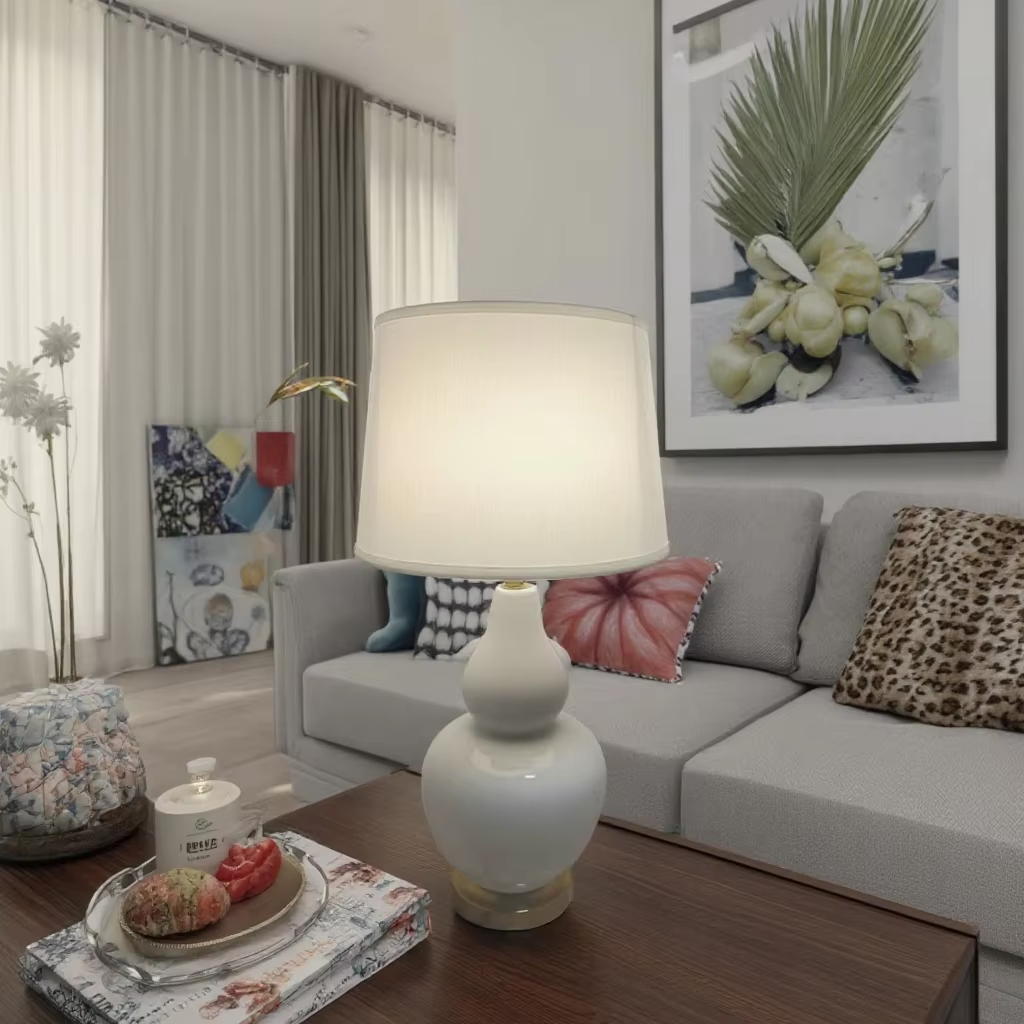 Elegant Gourd - Shaped Ceramic Table Lamp with Linen Shade