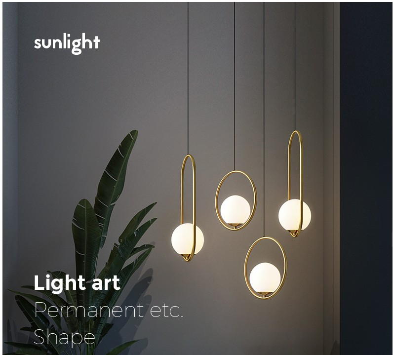 Modern Gold Ring Pendant Lamp with Milk White Glass Globe