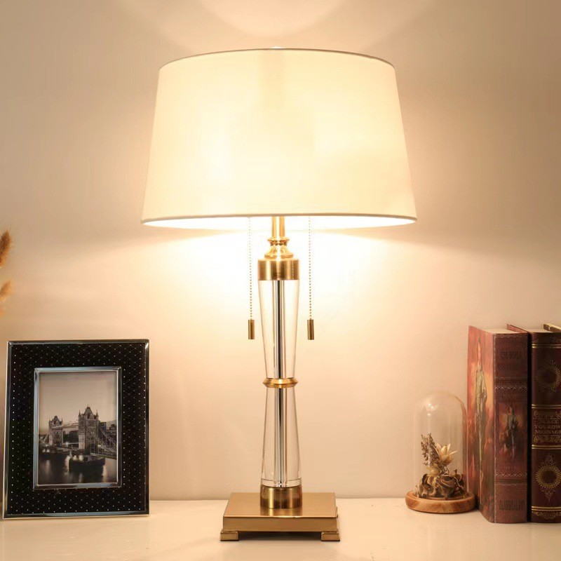 Modern Luxury Crystal Table Lamp: Dual E26 Elegance with Crystal Column, Metal Base & Fabric Shade