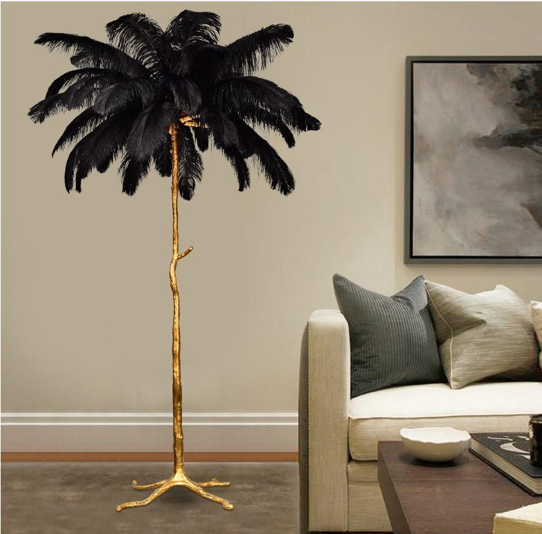 Artistic Feather Floor Lamp: Gold Resin Tree Trunk Design