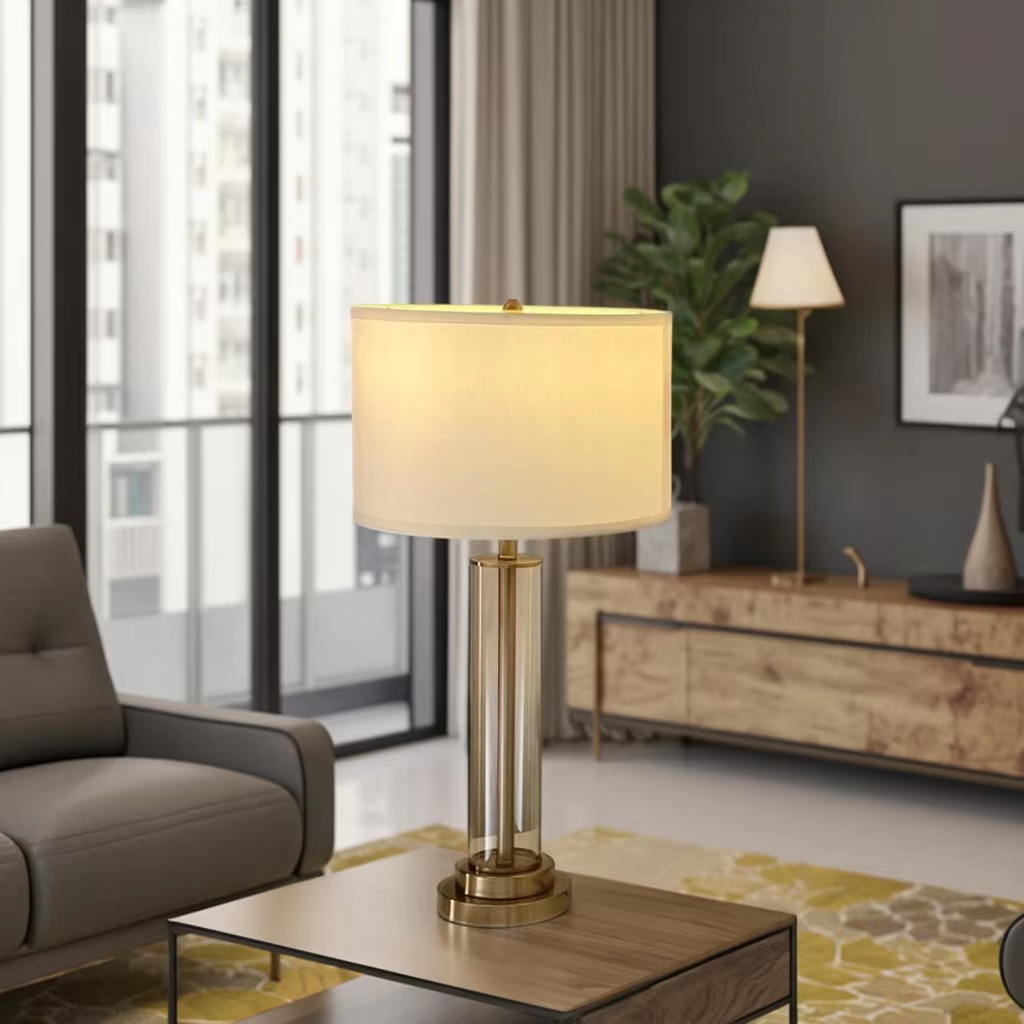 Modern Elegance Glass Table Lamp: Transparent Glass Body, Soft Fabric Shade & Sturdy Metal Base