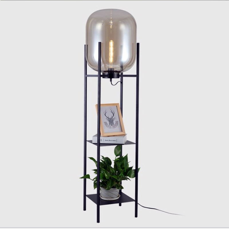 Industrial Multifunctional Glass Floor Lamp with Storage Shelves