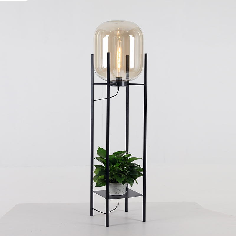 Industrial Multifunctional Glass Floor Lamp: Iron Frame with Storage Shelf