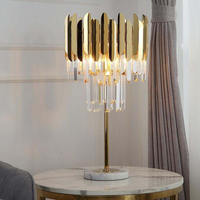 Luxury Crystal Accent Table Lamp: Stainless Steel Shade, Crystal Pendants & Marble Base