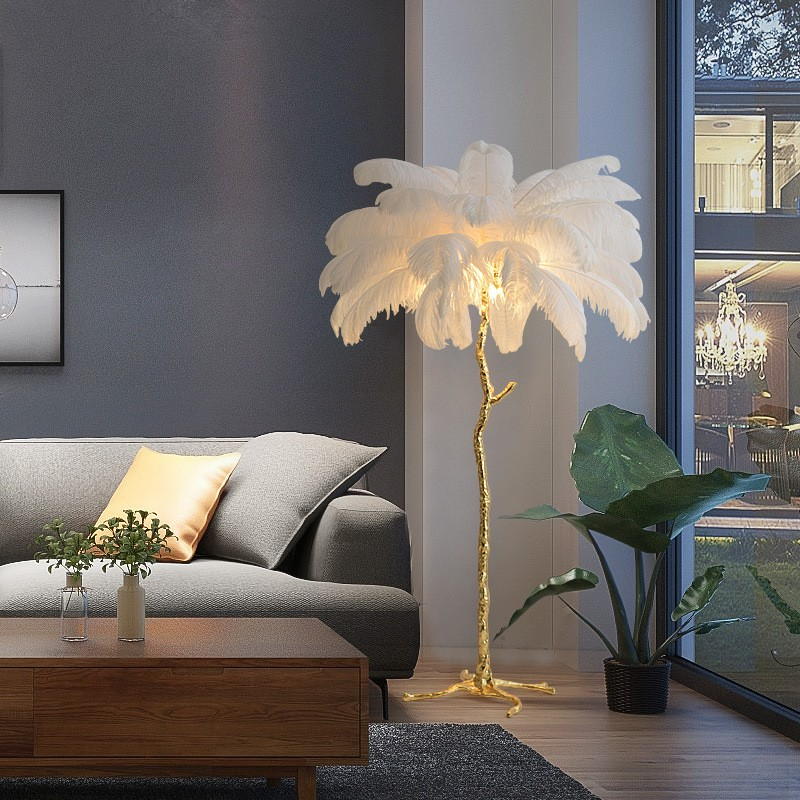 Tropical Ostrich Feather Floor Lamp: Resin Palm Tree Silhouette + Luxe Plumage for Bold Interior Statements