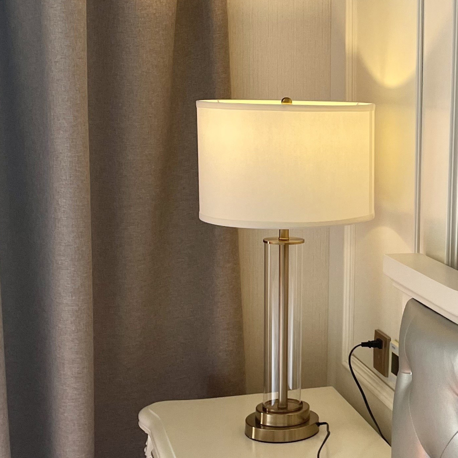 Modern Elegance Glass Table Lamp: Transparent Glass Body, Soft Fabric Shade & Sturdy Metal Base
