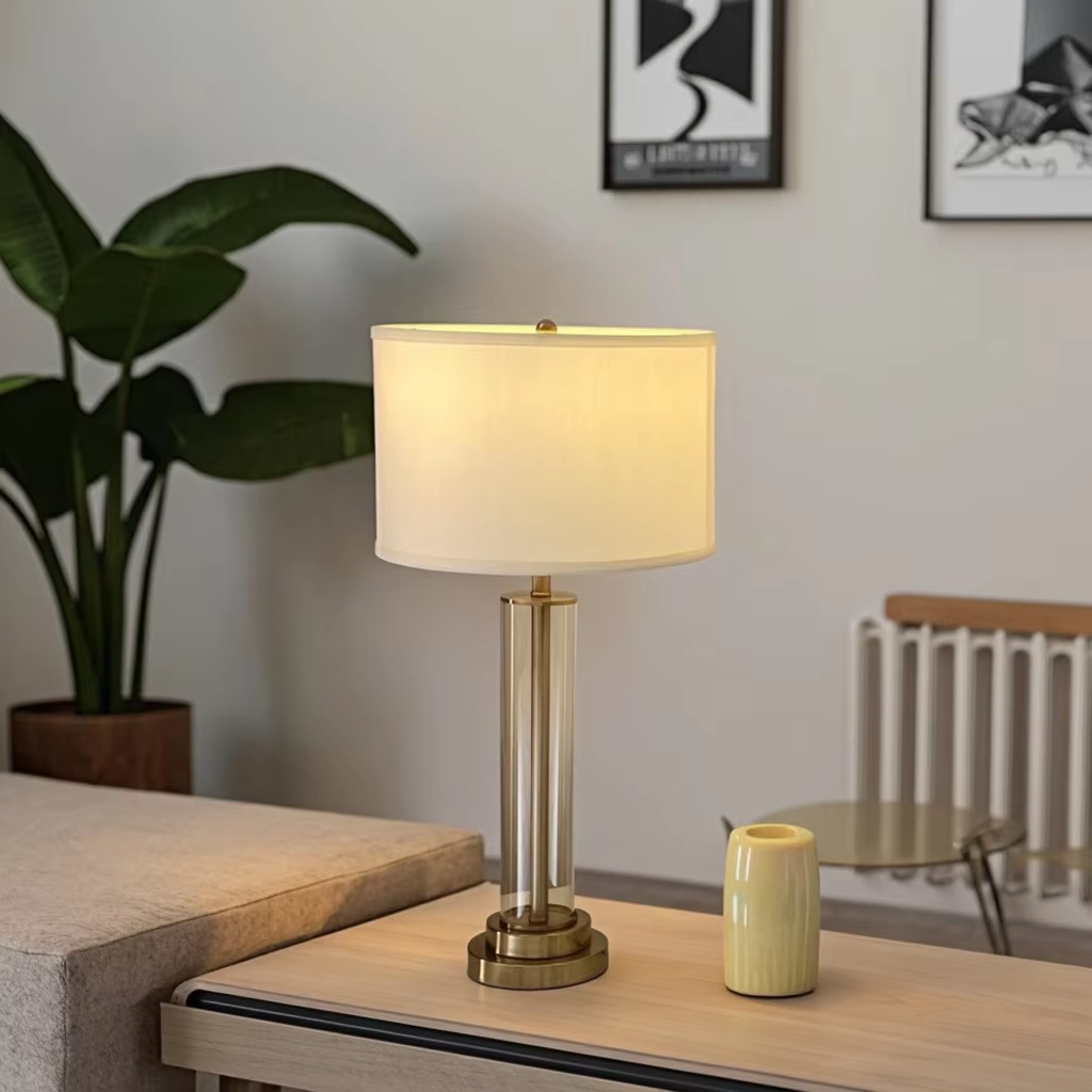 Modern Elegance Glass Table Lamp: Transparent Glass Body, Soft Fabric Shade & Sturdy Metal Base