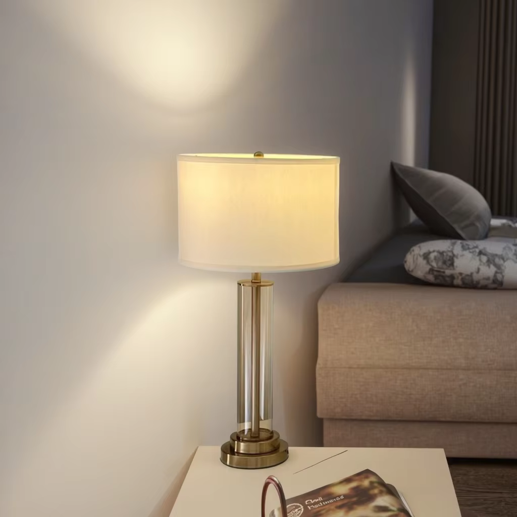 Modern Elegance Glass Table Lamp: Transparent Glass Body, Soft Fabric Shade & Sturdy Metal Base