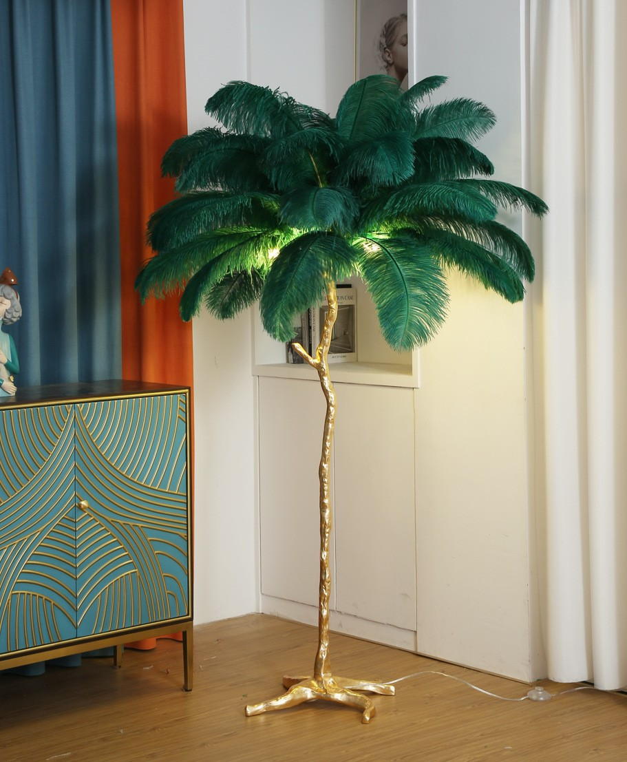 Tropical Ostrich Feather Floor Lamp: Resin Palm Tree Silhouette + Luxe Plumage for Bold Interior Statements