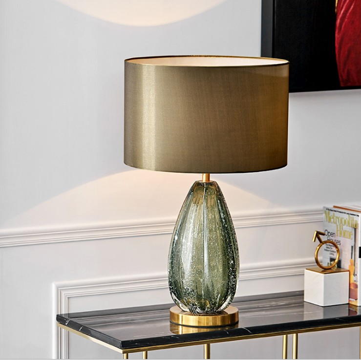Modern European Grey - Green Glazed Table Lamp: Artisanal Glass & Wrought Iron Elegance