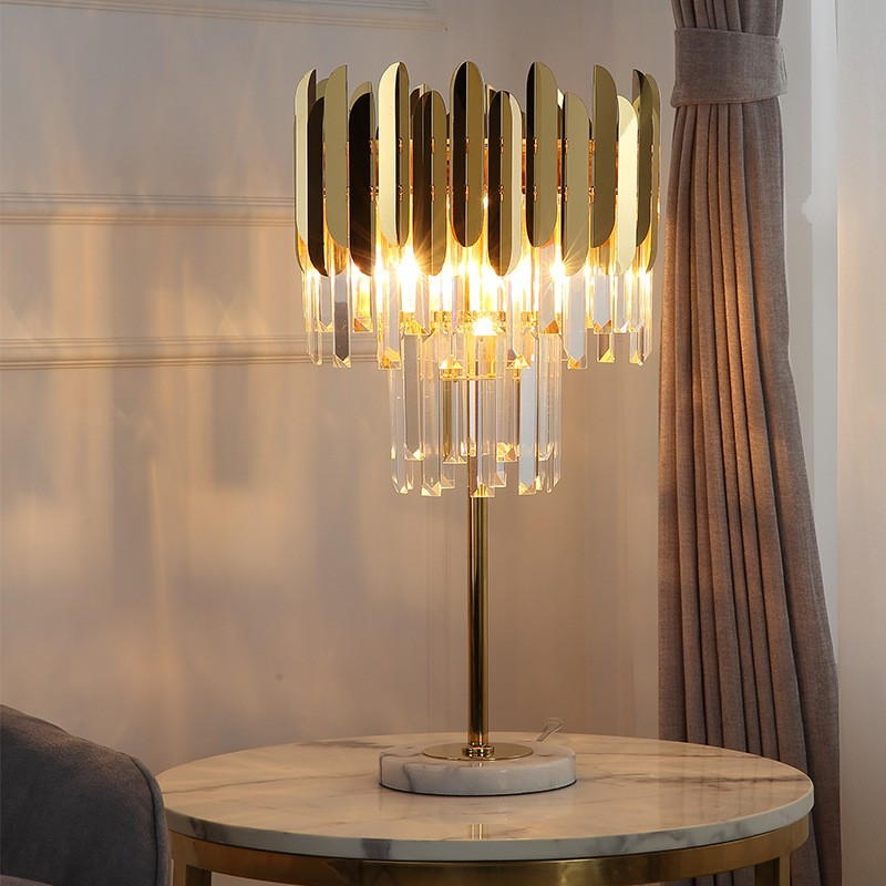 Luxury Crystal Accent Table Lamp: Stainless Steel Shade, Crystal Pendants & Marble Base