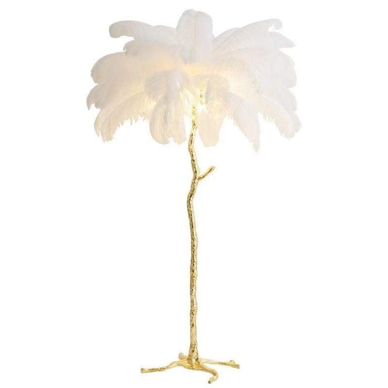 Artistic Feather Floor Lamp: Gold Resin Tree Trunk Design