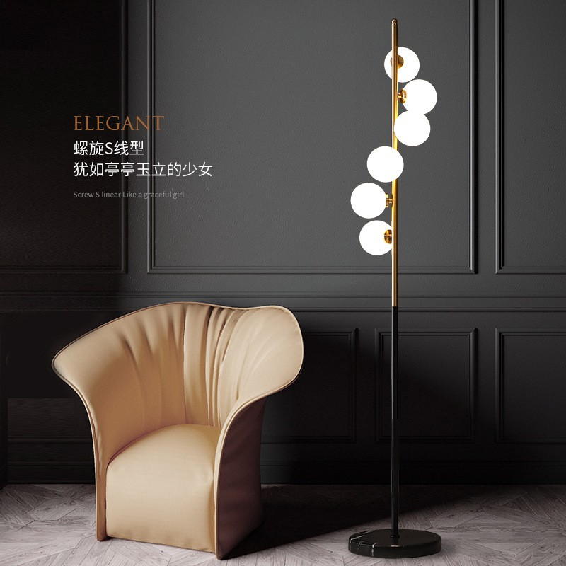 Modern Multi - Globe Floor Lamp | Metal & Marble Base, 6 G4 Sockets, Foot Switch