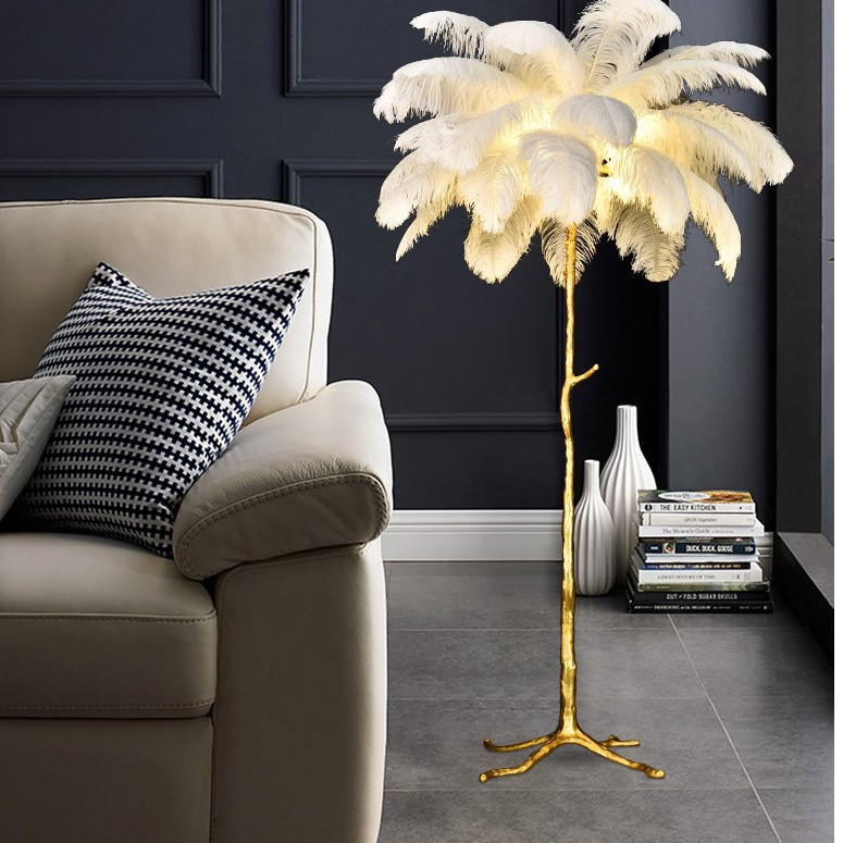 Artistic Feather Floor Lamp: Gold Resin Tree Trunk Design