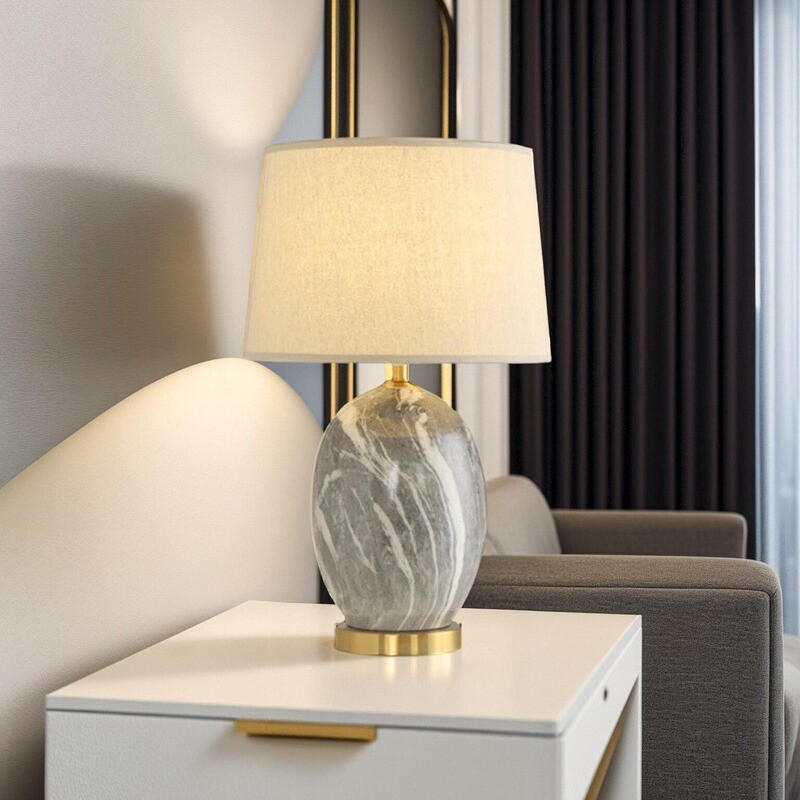 Marble-patterned Ceramic Table Lamp with Metal Base & Fabric Shade