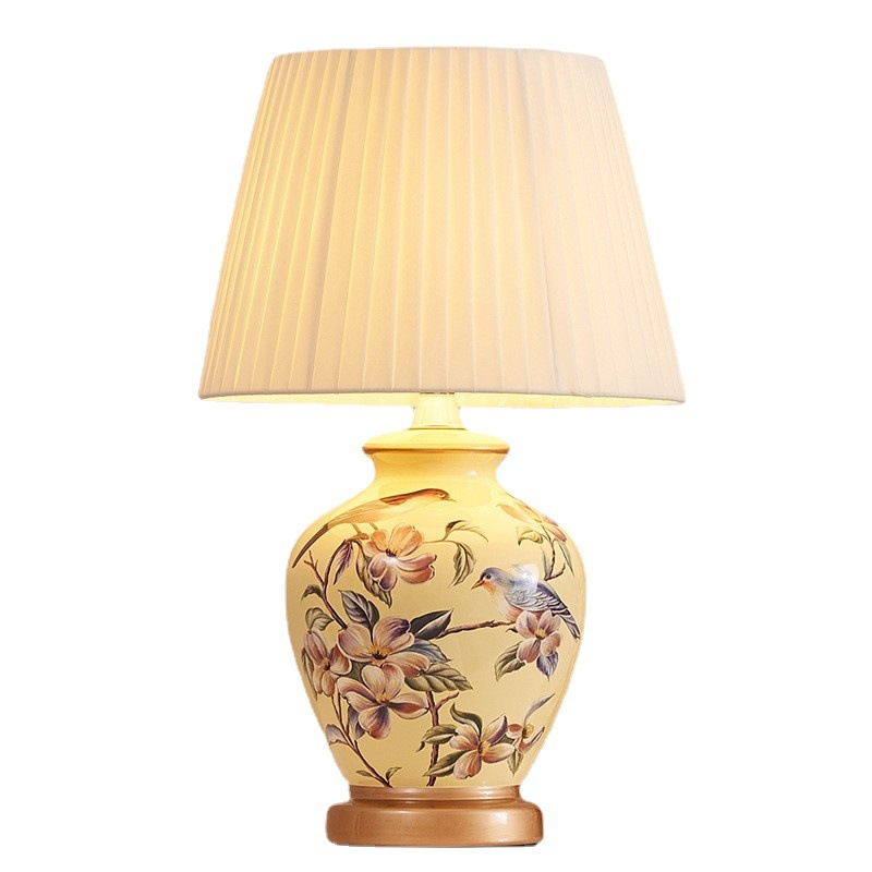 Hand-Painted Ceramic Table Lamp: Vintage Floral & Bird Artistry